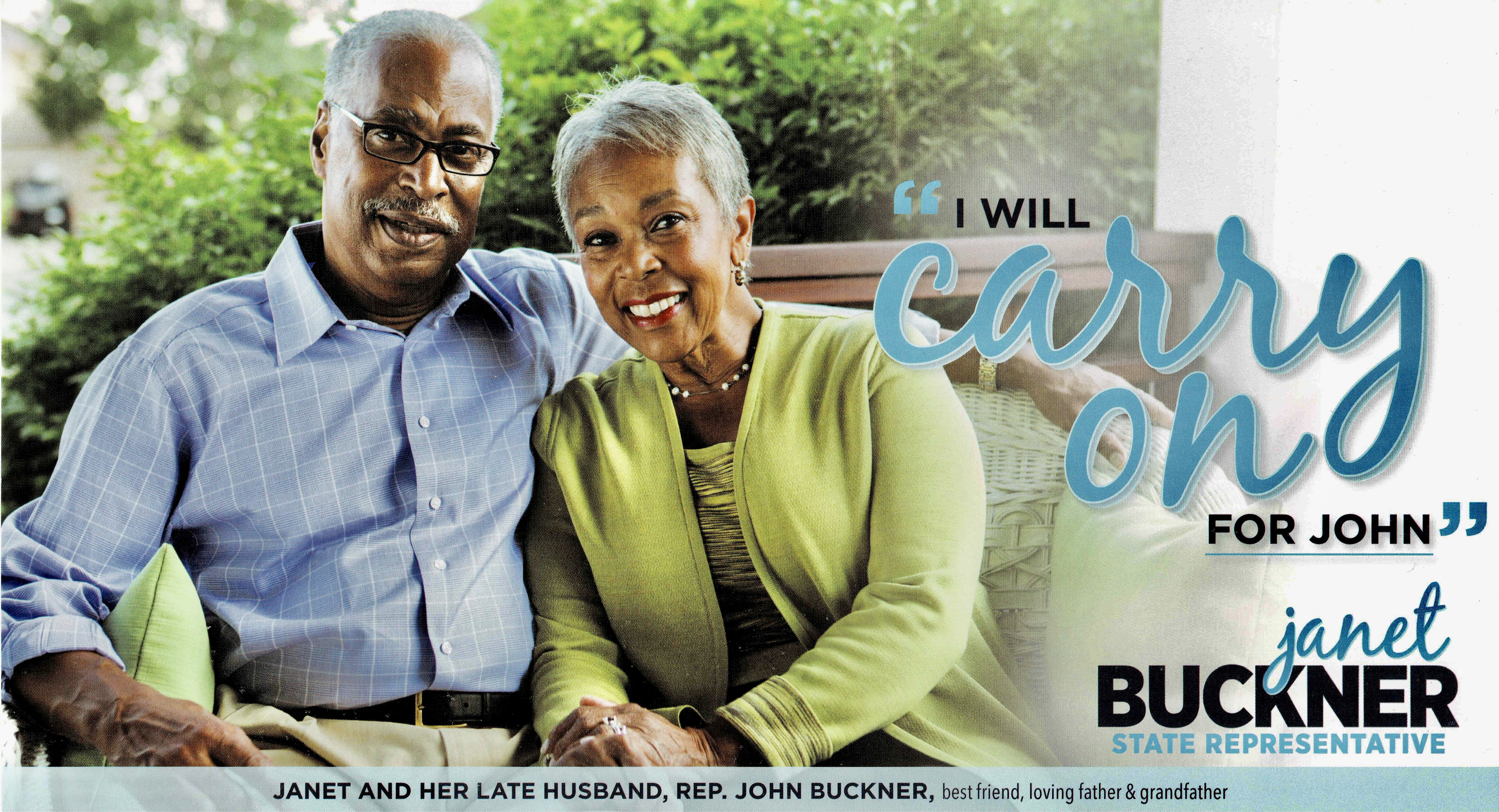 Campaign advertisement for Janet P. Buckner to serve a second term as a  Colorado State House of Representatives legislator. 